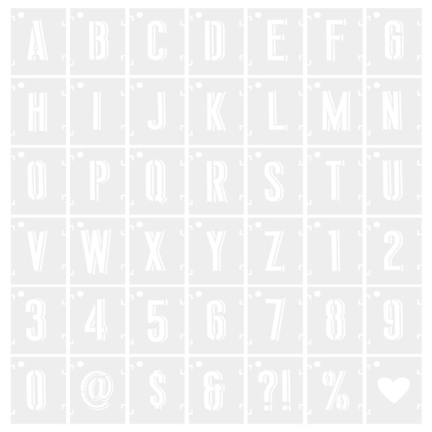 Plantillas de letras y números Uxcell de 2 pulgadas, ancho de 2.5" con símbolos, set de sombras con anillo, blanco, 42 piezas