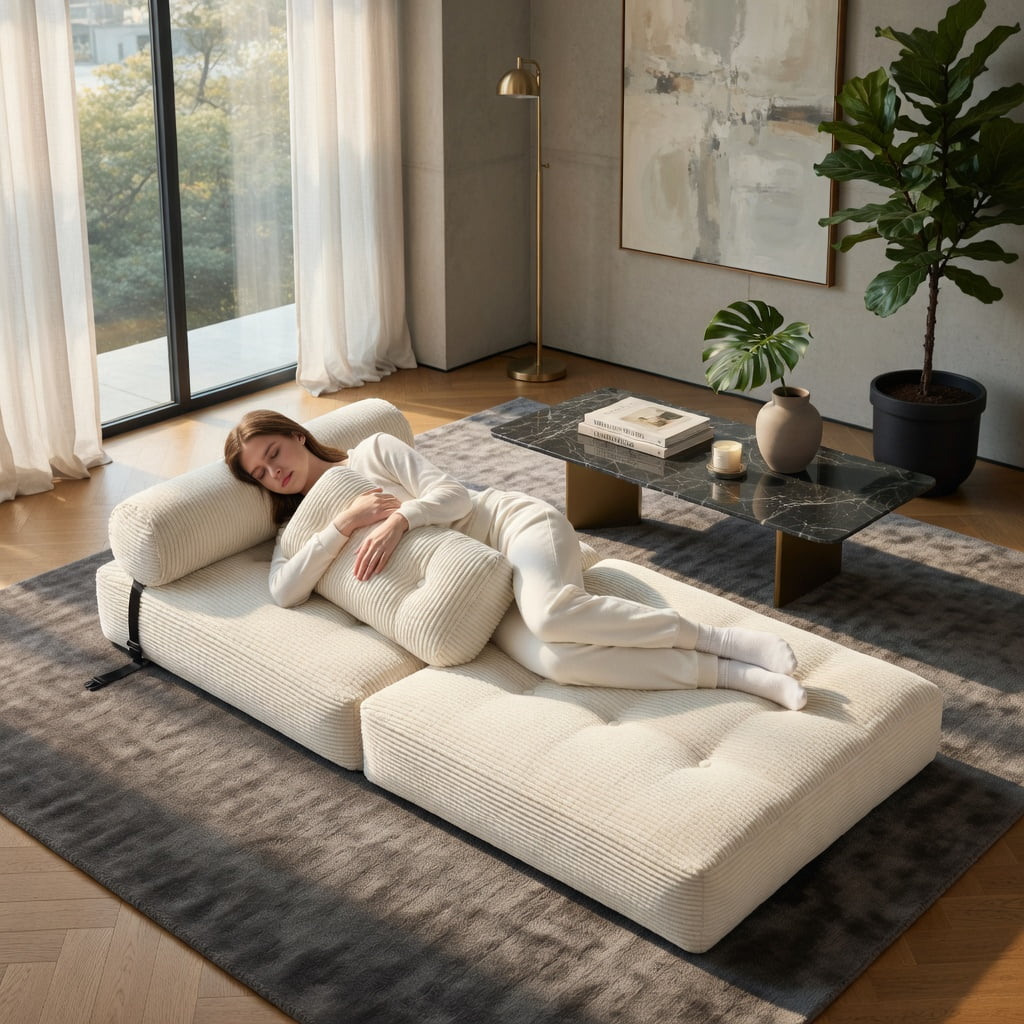Hommoo 3-in-1 Folding Sofa Bed with Pillow & Back Support, Corduroy Upholstered Convertible Loveseat for Living Room, Guest Room, Beige