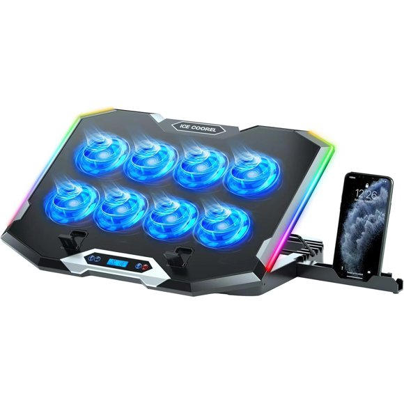 Gaming Laptop Cooling Pad with Cooling Fans Laptop Fan Cooling Pad for Laptop RGB Computer Cooler Stand with Height Adjustable Two USB Port Phone Stand