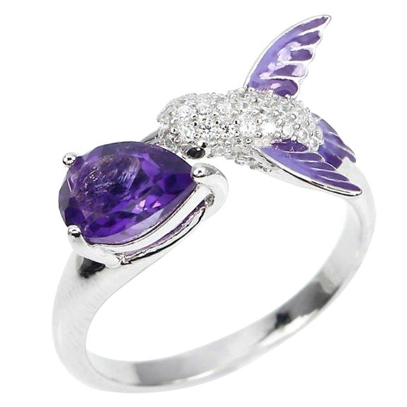 SmartBy Bird Water Drop Faux Amethyst Cubic Zirconia Women Engagement Wedding Open Ring