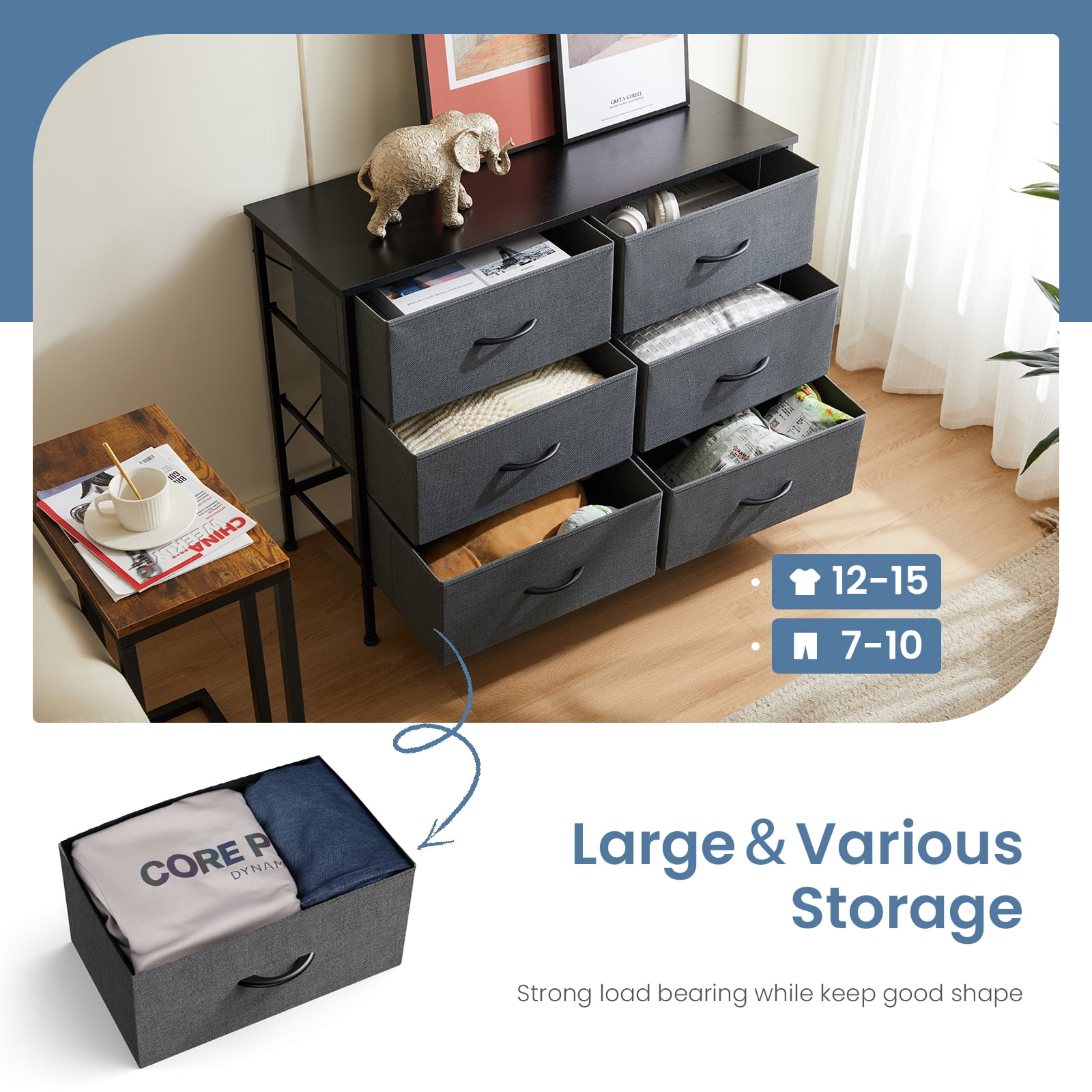 Aukfa 6 Drawer Dresser,Wide Chest of Drawers for Bedroom with Metal Frame for TV,Gray