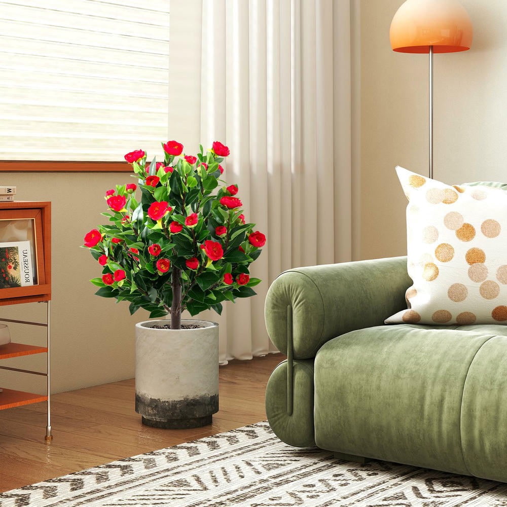 GVN 2 Pack 31 Inch Faux Camellia Plants Decorative with Fake Flower, Artificial Plant for Patio, Garden, Front Door, Balcony, Backyard, Green & Red