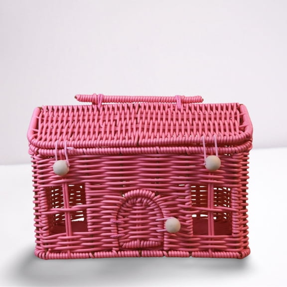 Handwoven Imitation Rattan Storage Basket with Lid & Handle Cute House Shape Picnic Basket Multifunctional Decor Gift Basket