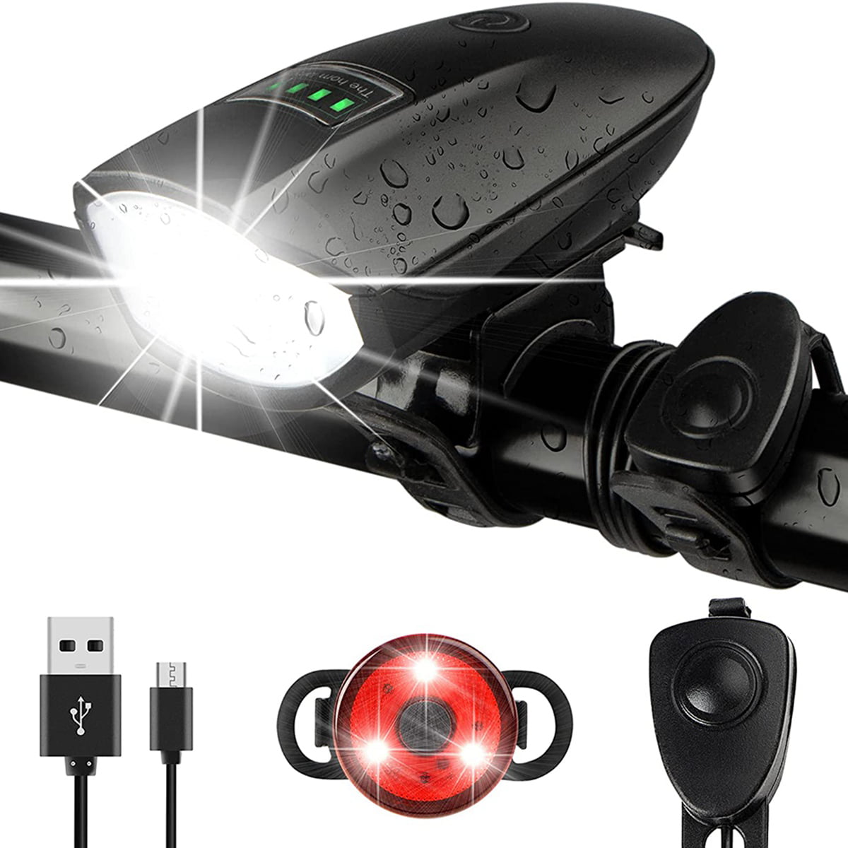 Mountain Bike Bicycle Lights USB Rechargeable Front Horn Headlight Rear Lamp Set 