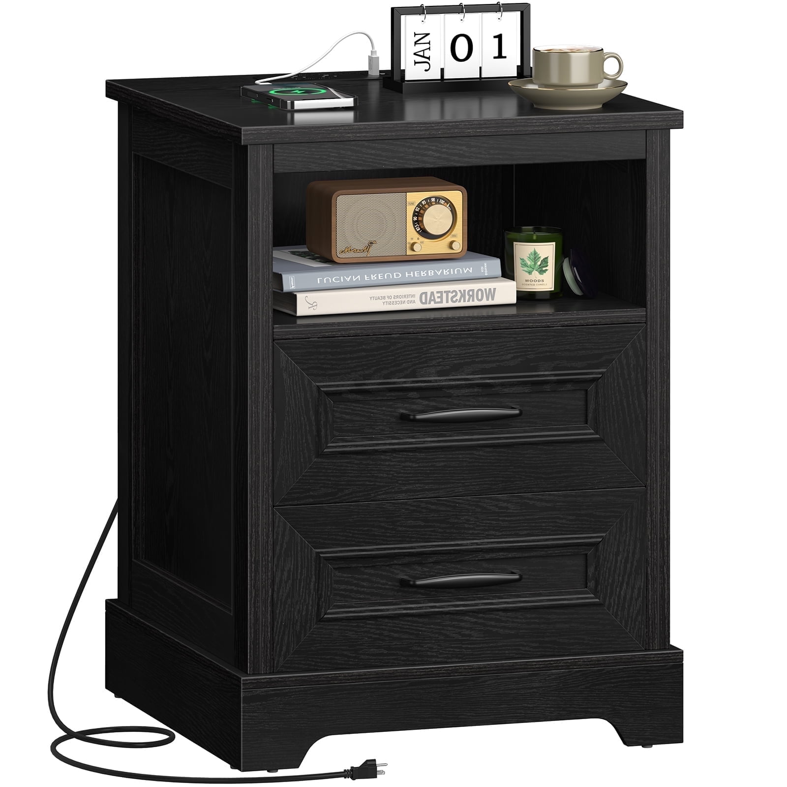 18" Farmhouse Night Stand with Charging Station, Bedside Tables with 2 Drawers & Storage Shelf, Side End Tables  for Bedroom Living Room, Black