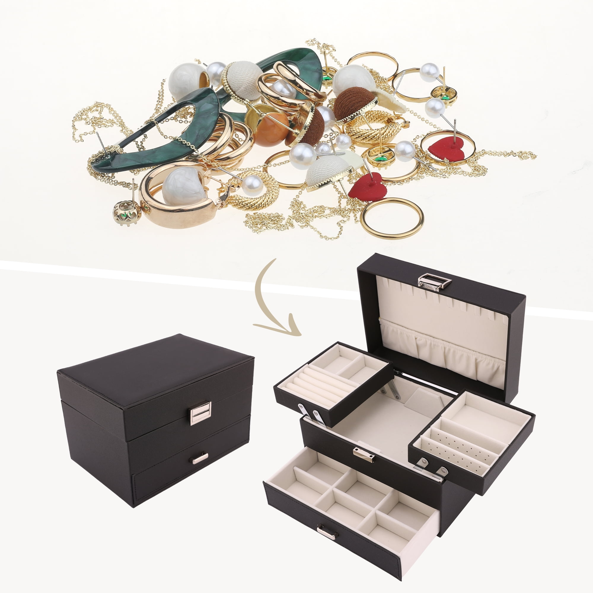 Unique Bargains 3 Layer Jewelry Box PU Leather Organizer Black
