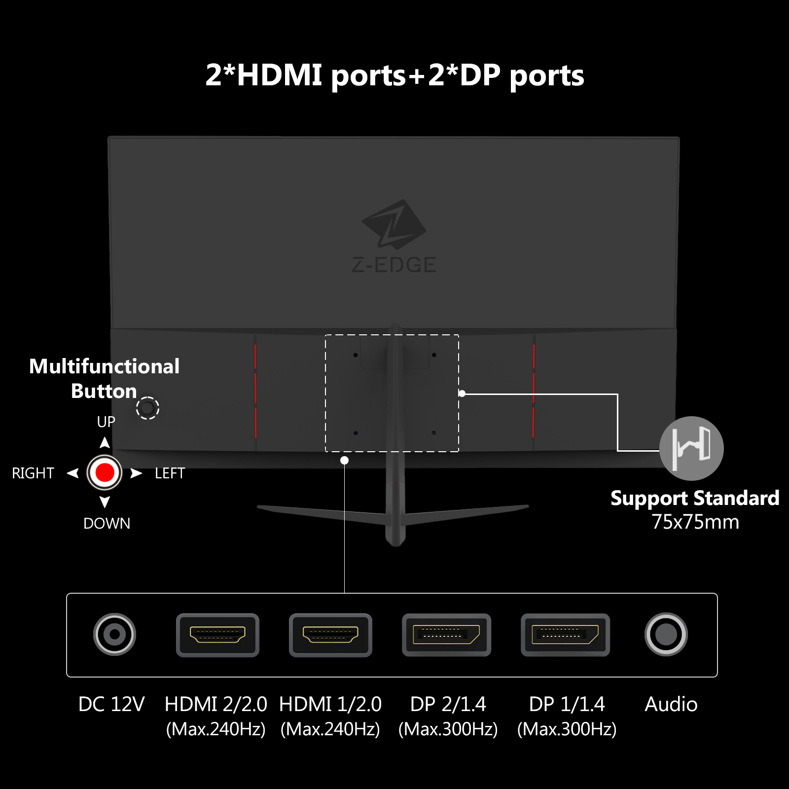 Z-EDGE 24.5 Inch 300Hz Gaming Monitor, FHD 1080P IPS Display, 1ms MPRT, AMD FreeSync, HDR Support, VESA Mount Compatible