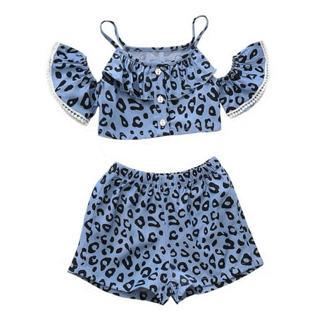 

Infant Baby Girls Clothes Baby Girls Outfits Ruffle Sleeve Leopard Suspender Top Shorts 2PCS Set 12-24 Months Toddler Girls Summer Outfits Blue