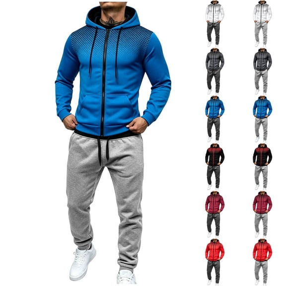 Men's Textured Printed Hooded Full Zip Cardigan Jacket, Ankle Tied Pants With Pockets, Casual Sports Suit Blue M
