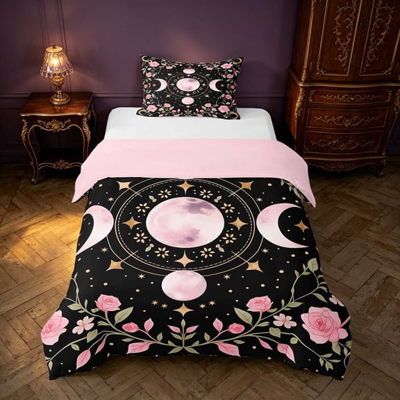 Homewish Bohemian Moon Phase Twin Duvet Cover, Pink Flower Blossom Twin Bedding, Pink Reversible 2-Piece, 1 Duvet Cover and 1 Pillowcase
