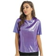 thumbnail image 2 of Zaldita Women's Shiny Metallic Short Sleeve T-shirt Holographic Top Blouse Dancewear Rave Festival Purple XXL, 2 of 7