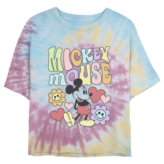 Juniors' Mickey & Friends Groovy Hearts and Smilies Logo Cropped T-Shirt Blue/Pink/Light Yellow Medium