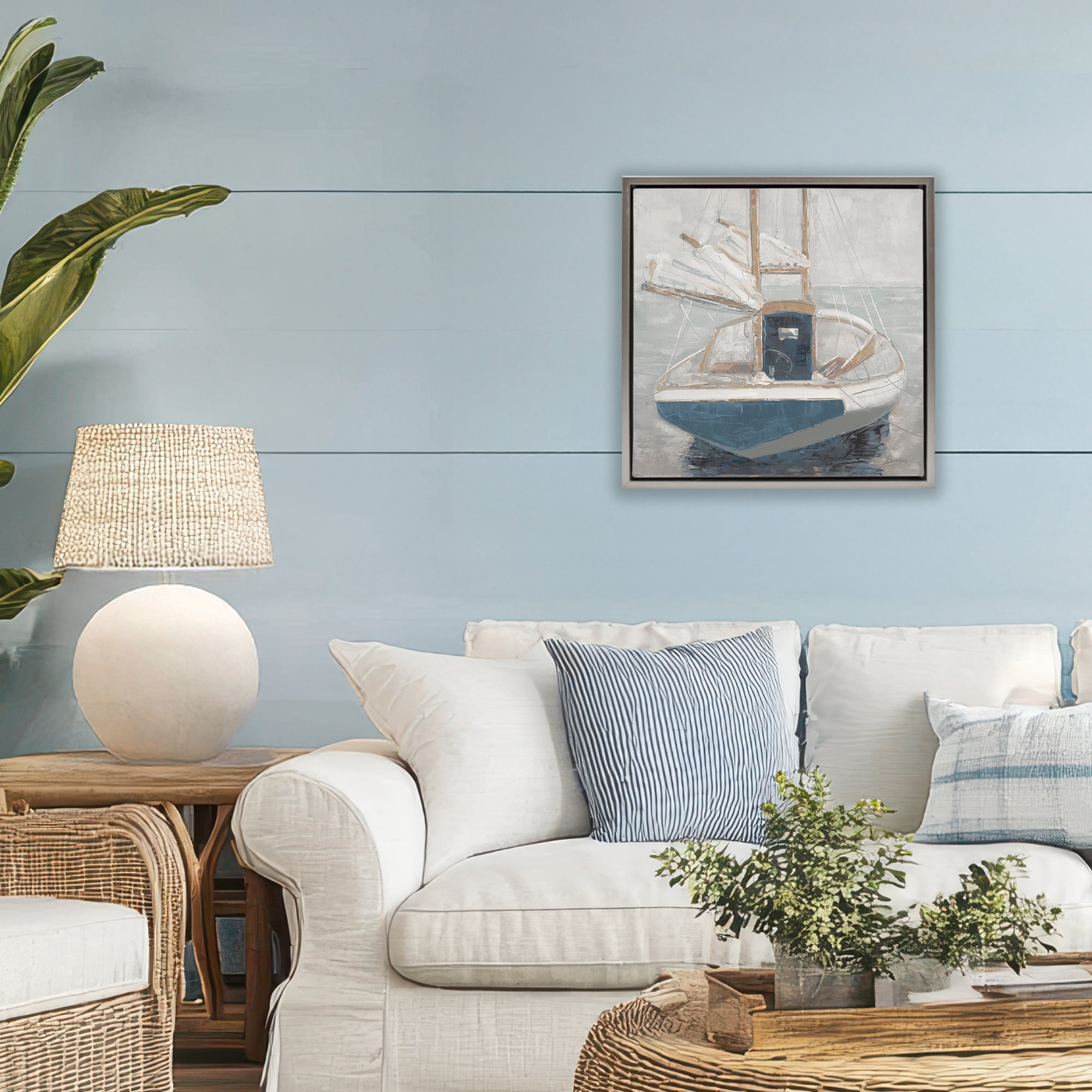 Stupell Industries Serene Harbor Sail Boat Gray Framed Floater Canvas Wall Art, design by John Burrows