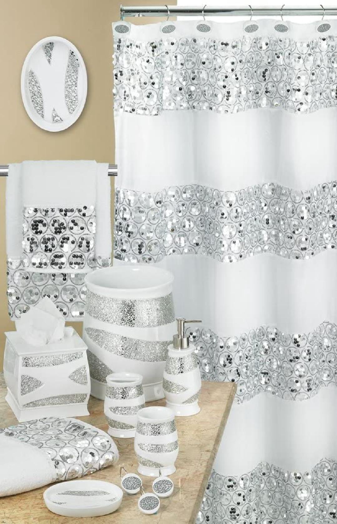 Popular Bath Sinatra 3 Piece Bling  Modern Towel Set, White with Silver Sequins