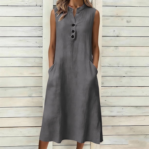 TaTaai Women's Loose Fit Slip Dress Solid Color Sleeveless V-Neck Linen Feel Button Front Casual Maxi Dress Summer Pocket Detail Gift