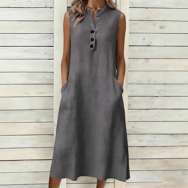 TaTaai Women's Loose Fit Slip Dress Solid Color Sleeveless V-Neck Linen Feel Button Front Casual Maxi Dress Summer Pocket Detail Gift