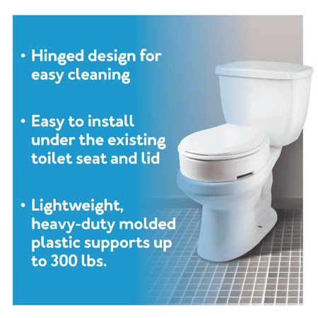 Carex Hinged Toilet Seat Riser, Adjustable, Adds 3.5 in Height, White, 300 lb Limit