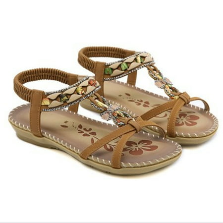 

DAFENGEA Casual Women s Bohemia T-strap Flat Sandals Sparkly Rhinestone Summer Beach Elastic Ankle Strap Flip Flops Thong Shoes Backless Open Toe Footwear