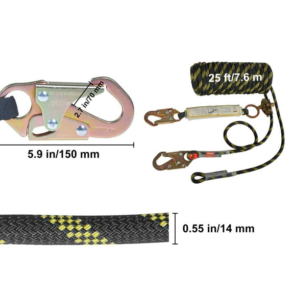 VEVOR Vertical Lifeline Assembly, 0.55'' x 25' Fall Protection Rope with 30 KN Breaking Tension, Polyester Roofing Rope with Steel Snap Hooks, Rope Grab, and Shock Absorber, ANSI Compliant