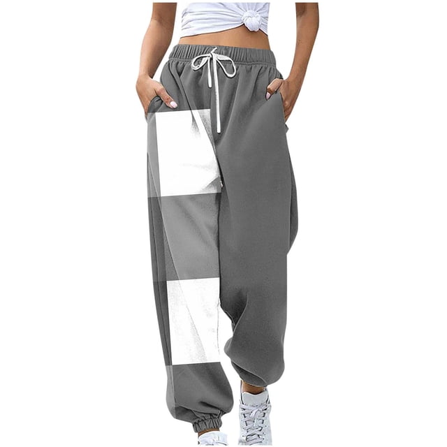 Funicet Pants for Women,Women Fashion Color Blocked Printed Drawstring Pants