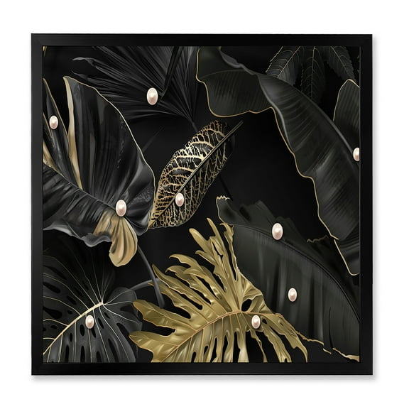Designart 'Gold and Black Tropical Leaves III' Modern Framed Art Print