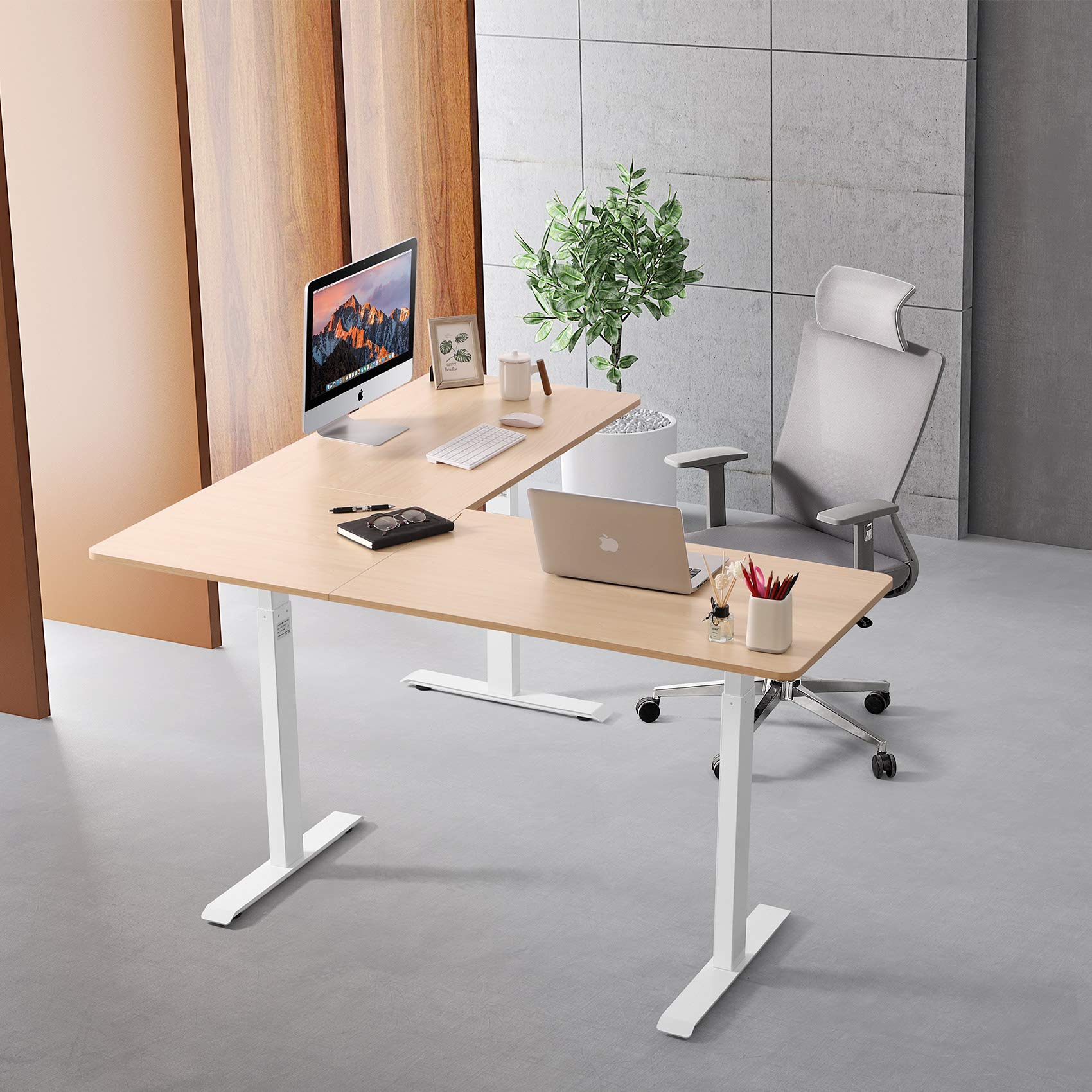 UNICOO® L Shaped Crank Height Adjustable Standing Desk, Sit to Stand up Corner Desk, L-Shaped Standing Workstation (White Frame/Light Oak Top - L Shape Crank)