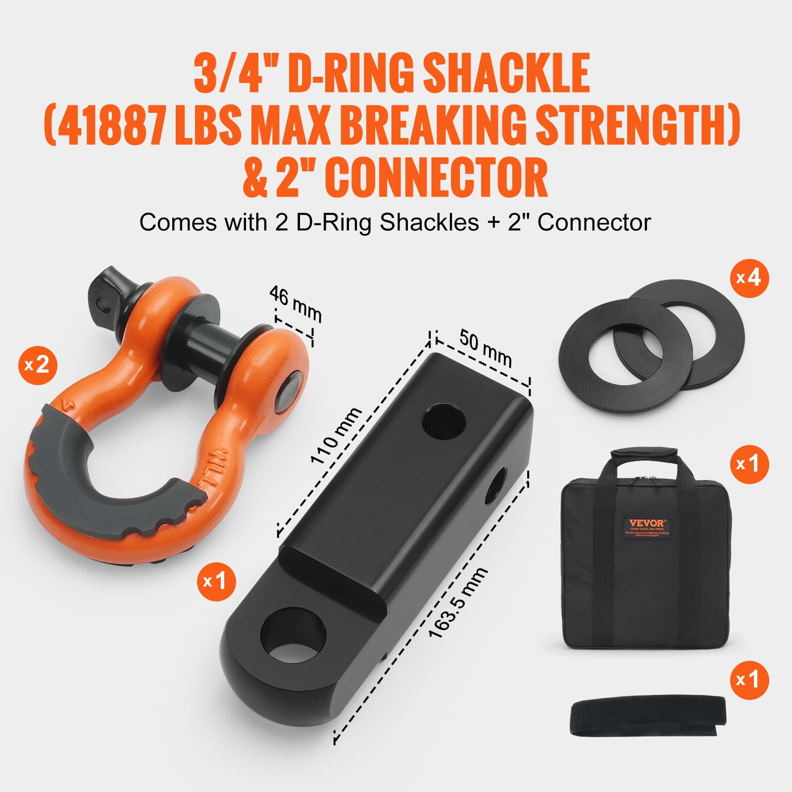 VEVOR Polyester Heavy Duty Tow Strap Recovery Kit 3" x 30 ft (MBS-36,000 lbs) Winch Strap,Triple Reinforced Loop,Snatch Strap + 2" Shackle Hitch Receiver + 3/4" D-Ring Shackles (2PCS) + Storage Bag
