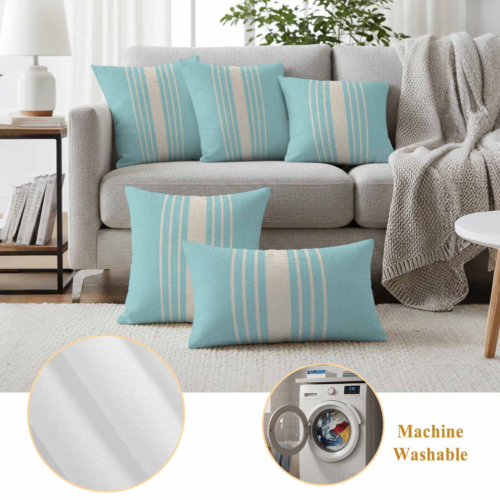 Aqua Beige Striped Outdoor Waterproof Pillow Covers, Modern Farmhouse Retro Lines Decorative Square Throw Pillowcase Sofa Cushion Sham for Patio/Couch/Chair, 26"x26" 2 Pack