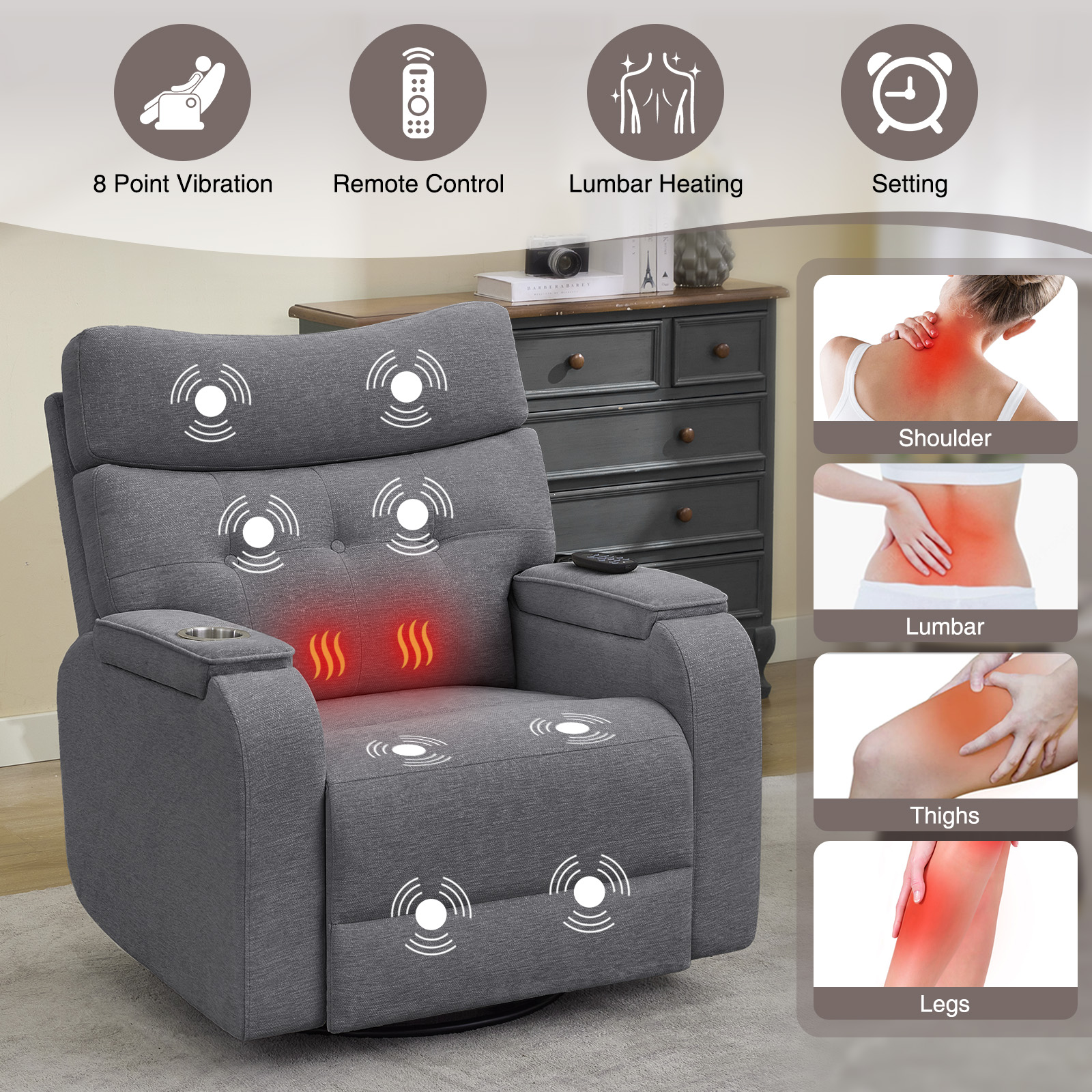 Aemeios 22in Wide Power Recliner Chair with Massage and Heat, Swivel Rocker, Grey