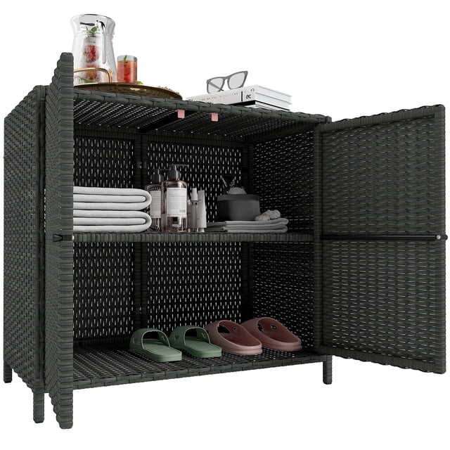 Outsunny Wicker Outdoor Storage Cabinet with 2 Magnetic Doors, Dark Grey