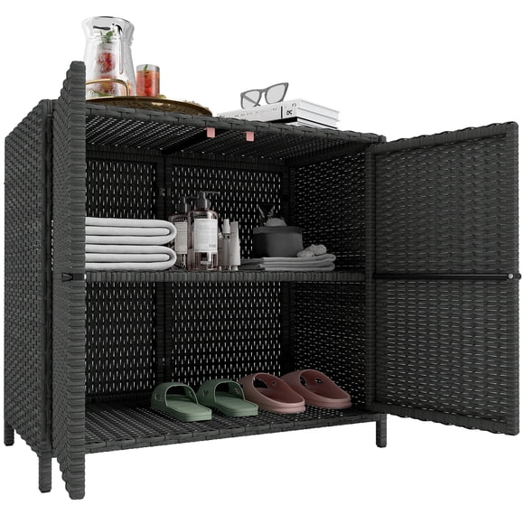 Outsunny Wicker Outdoor Storage Cabinet with 2 Magnetic Doors, Dark Grey