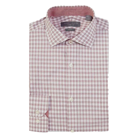 $69.50 Perry Ellis Premium Non-Iron Slim Fit Shirt DRK RED Plaid 15-32/33