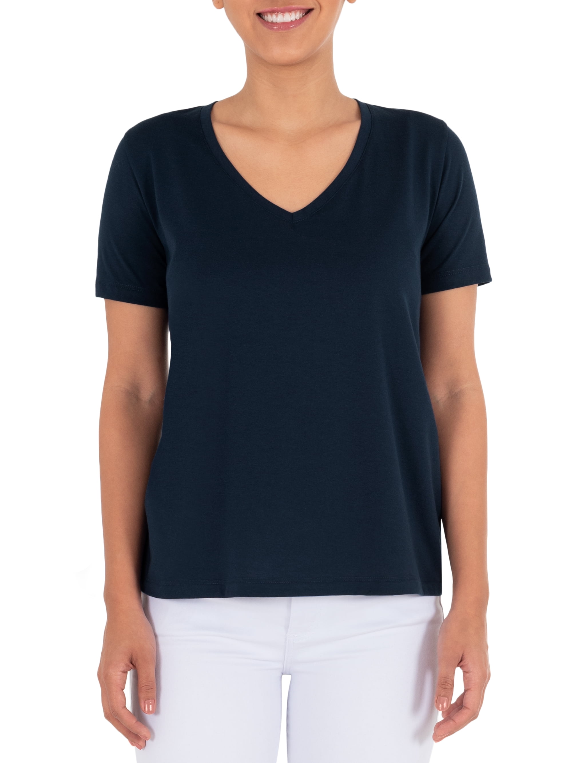 Time and Tru Women's Pima Cotton Blend V Neck Tee, 2-Pack, Sizes XS-XXXL