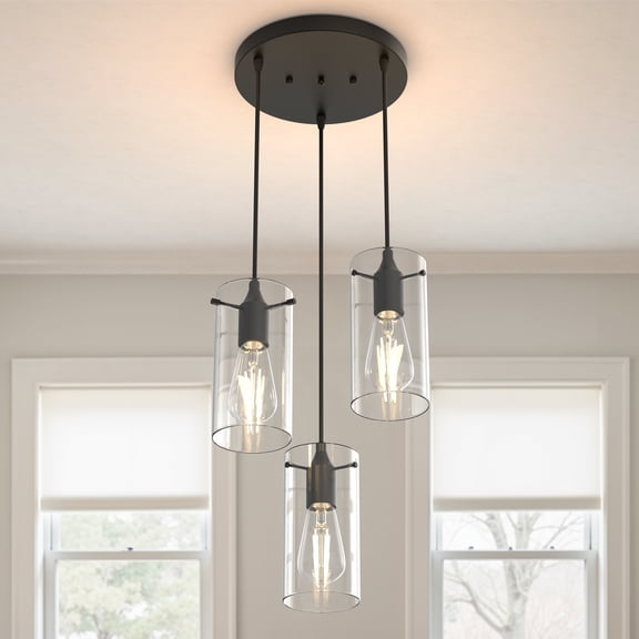 YANSUN 9.8 in 3-Light Matte Black Vintage Cluster Pendant Light Fixture with Large Clear Glass for Dining Table, Living Room, Kitchen Island