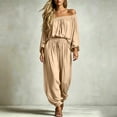 thumbnail image 5 of Karymi Summer Outfits 2 Piece Set, Off Shoulder Elastic Ruffle Bubble Loong Sleeve Loose Top & Elastic Drawstring High Waist with Pocket Jogger Pants Womens T Shirts, 5 of 7