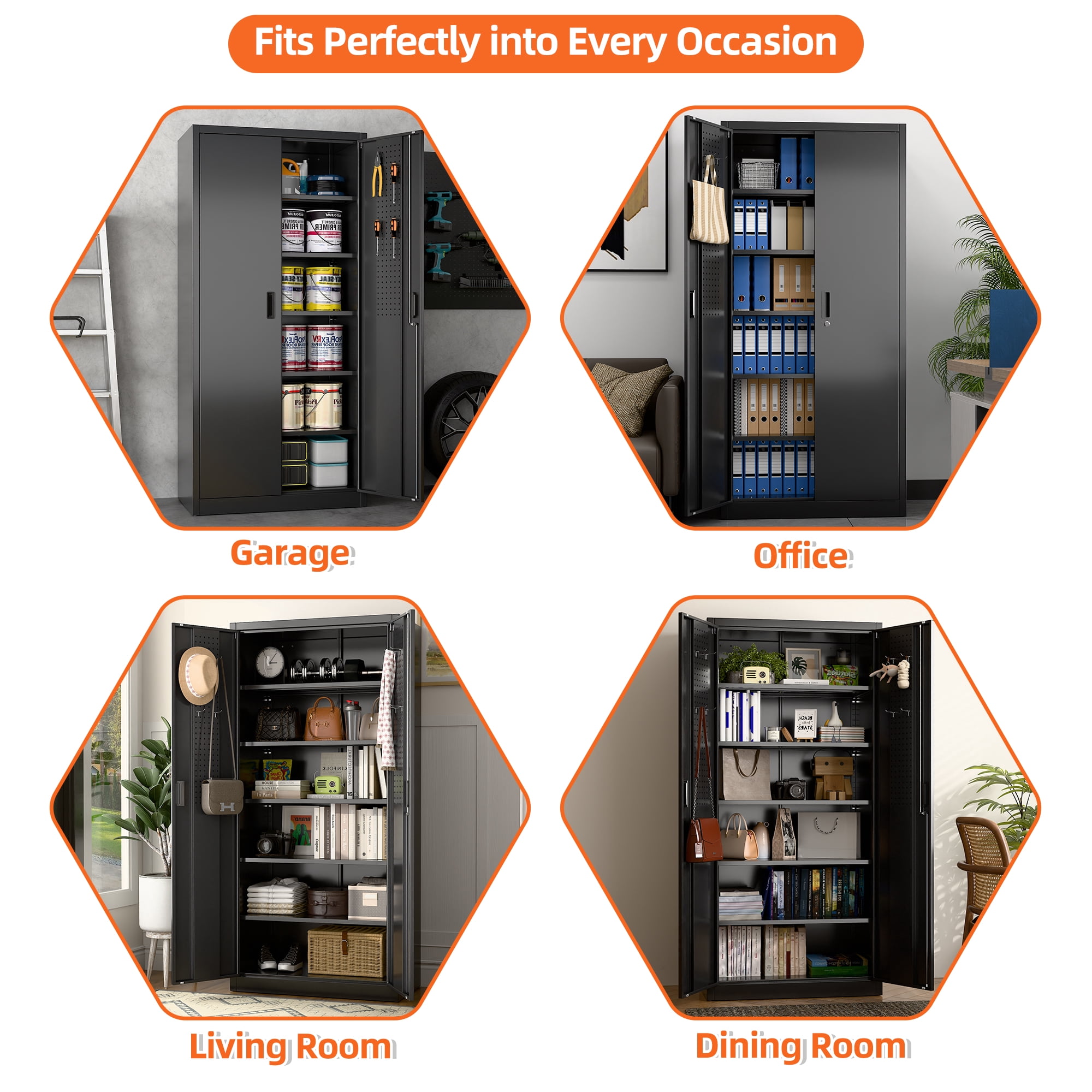 GANGMEI 72 Inches Tall Metal Garage Storage Cabinets with 5 Adjustable Shelves, Lockable Steel Black Storage Cabinet with Doors for Office, Home, School, Shops, Garage, Assembly required