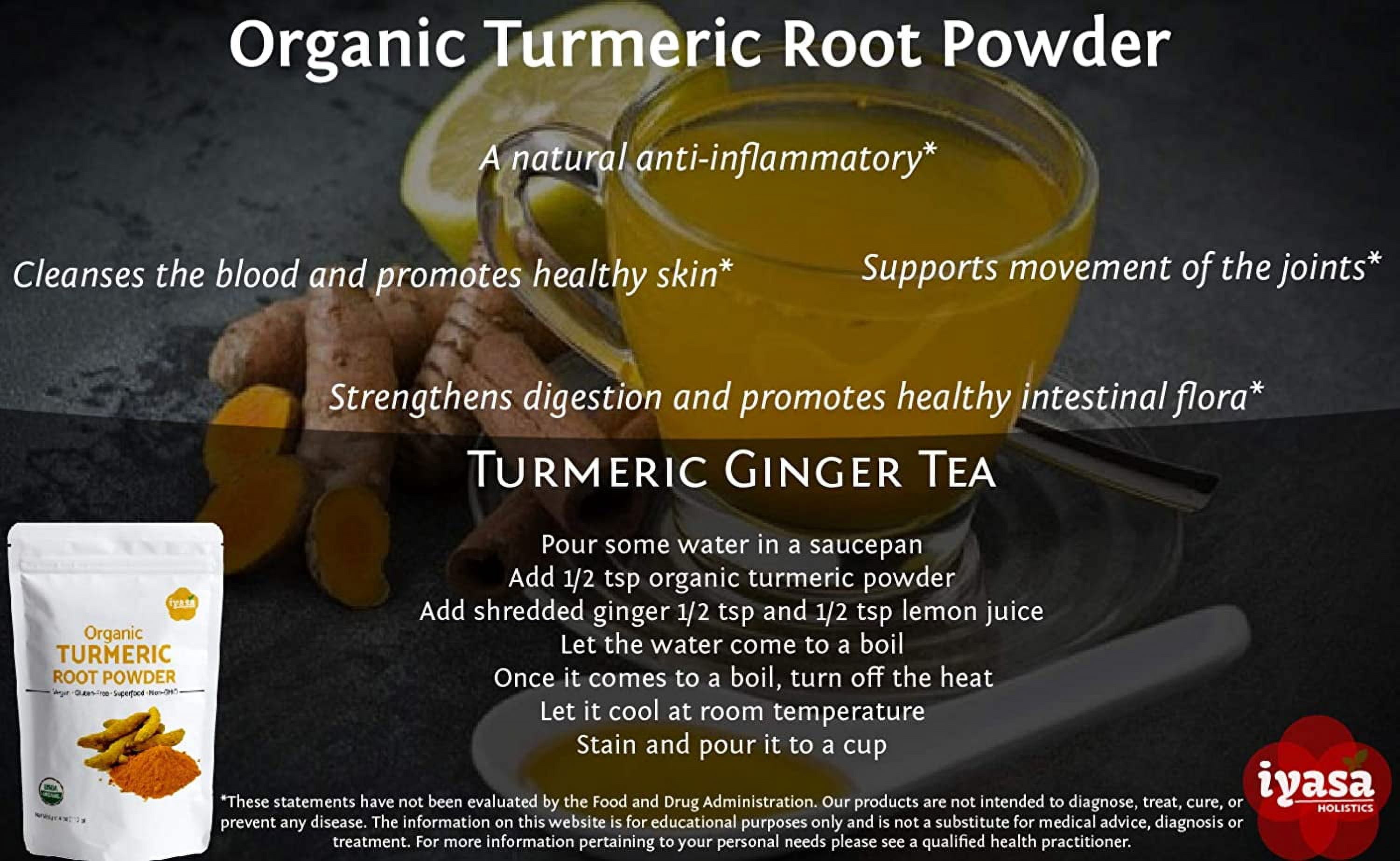 Iyasa Holistics Organic Turmeric Root Powder, Curcumin, USDA Certified, Finely Ground, 16 oz