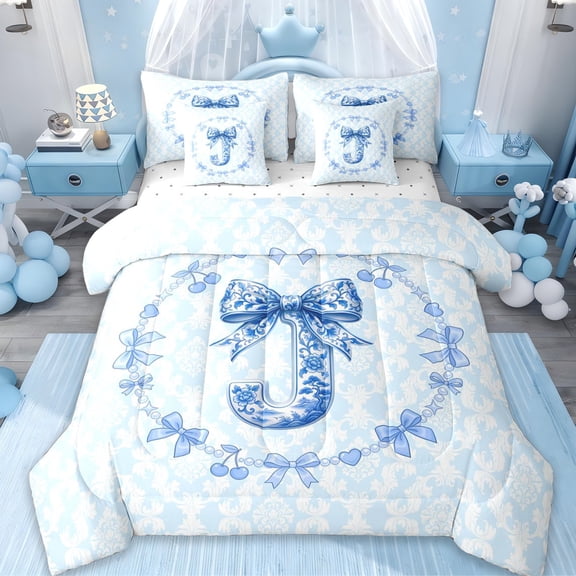 Erosebridal Girly Bowknot Print 7-Piece Twin Bedding Sets,Vintage Blue Monogrammed J Bedding Comforter Set For Kids Women,Reversible