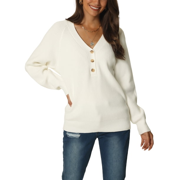 SUÉTER CASUAL DE PULLOVER DE PUNTO RIBETEADO DE MANGA LARGA CON CUELLO EN V Y BOTONES PARA MUJER CHIC M BLANCO