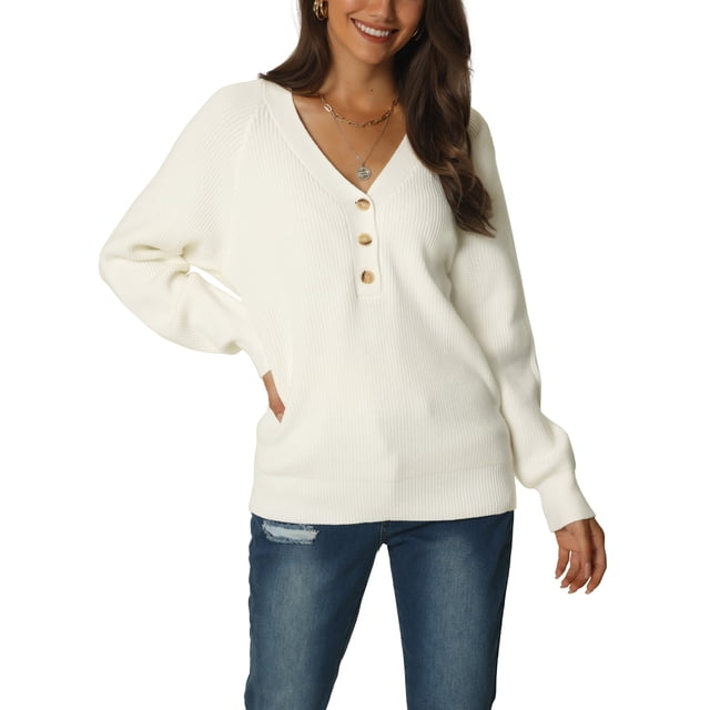 SUDADERA PULLOVER CASUAL DE PUNTO RIBETEADO DE MANGA LARGA CON CUELLO EN V Y BOTONES PARA MUJERES CHIC L BLANCA