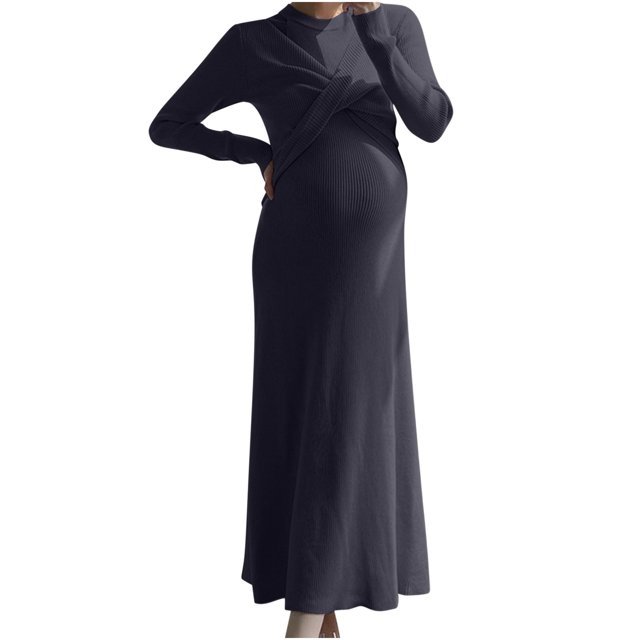 Tranfacy Robe de Maternité à Manches Longues pour Femme, Robe de Maternité en Tricot, Robe de Maternité en Tricot à Manches Longues à Col Rond, Fausse Robe Longue de Grossesse à Deux Couches
