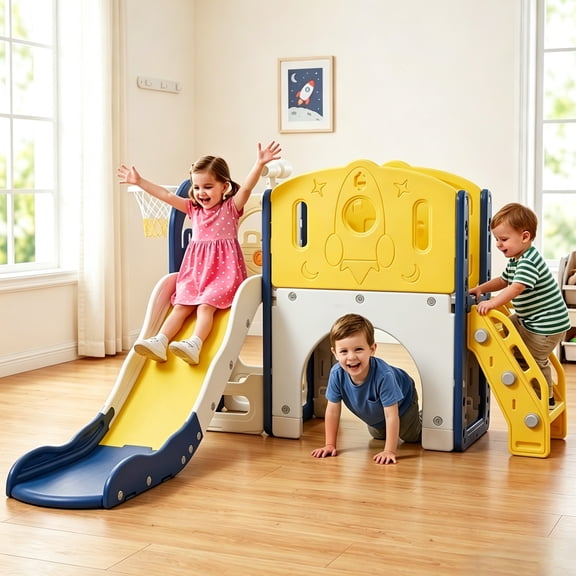 Zimeng 6 in 1 Toddler Slide, Blue Rocket Series Sturdy Kid Slide Outdoor Indoor Playset Slide Baby Climber Playset for Kids Age 1-4 Toy Playground