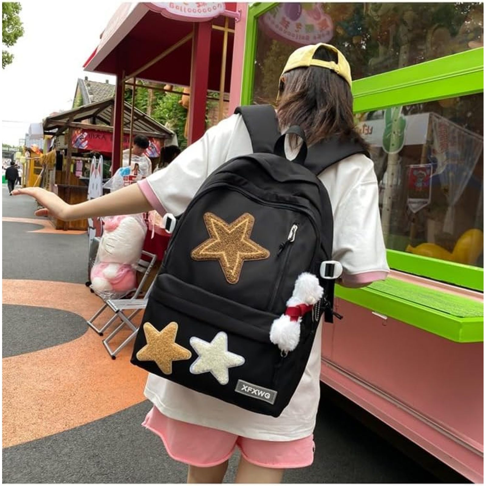 SQDWYGUO Y2k Backpack with Kawaii Pendant Aesthetic Star Backpack Cute Preppy Laptop Book Bag Back to College Supplie,Black