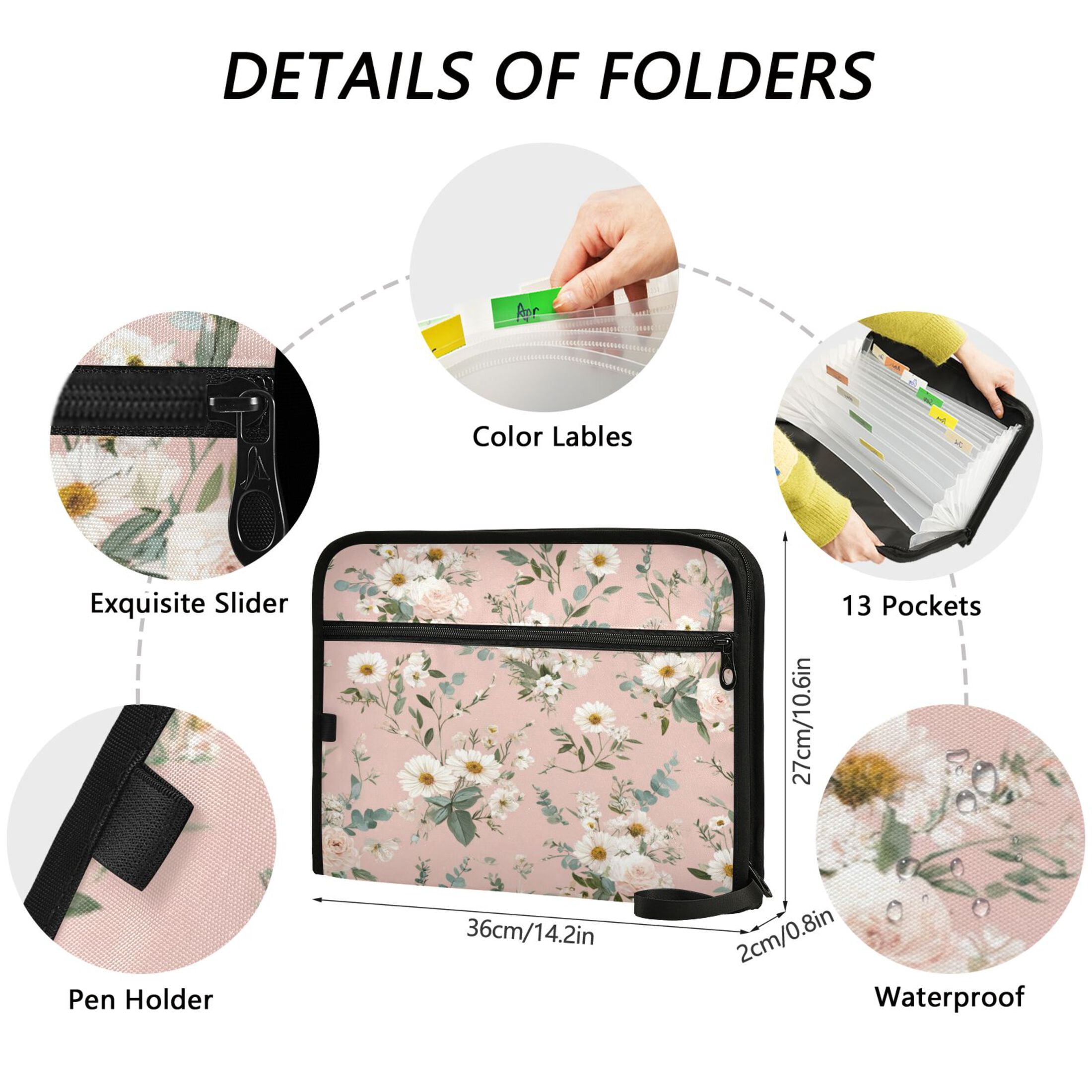 Accordion File Organizer with Zip Closure 13 Pockets Expanding File Folder Letter A4 Paper Document Organizer for Home Office Small White and Pink Flowers