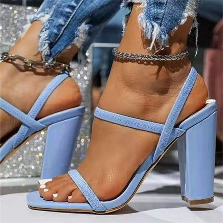 

BRISEZZS Womens Heeled Sandals- New Style Casual Square Toe Summer Sandals #384 Blue-7.5