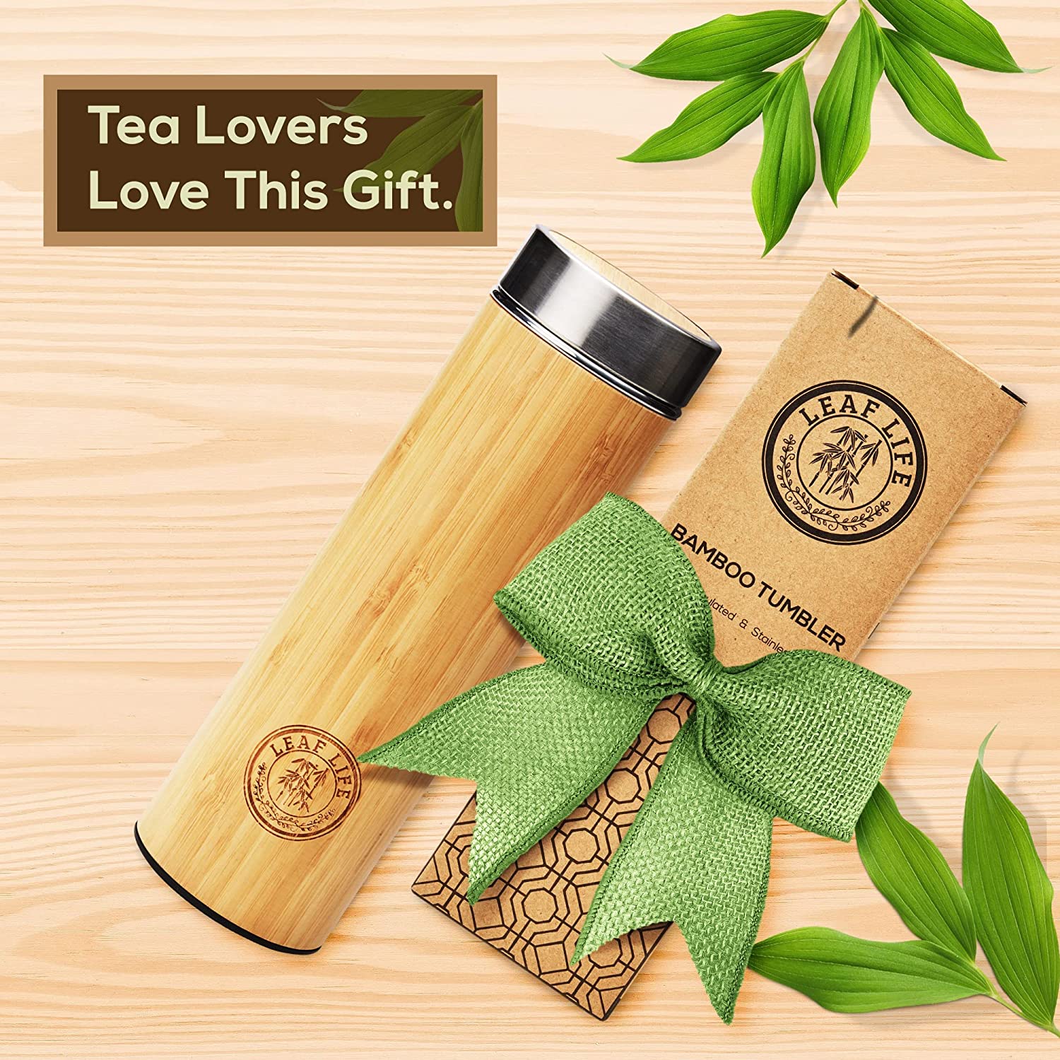 LeafLife Premium Bamboo Thermos with Tea Infuser & Strainer 17oz capacity - Keeps Hot & Cold for 12 Hrs - Vacuum Insulated Stainless Steel Travel Tea Tumbler Infuser Bottle for Loose Leaf Tea & Coffee - image 2 of 9