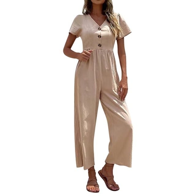 VBARHMQRT Combinaison Femme Automne Habillée Couleur Unie Manches Courtes Boutonnée Décontractée Jambes Larges Raccourcies