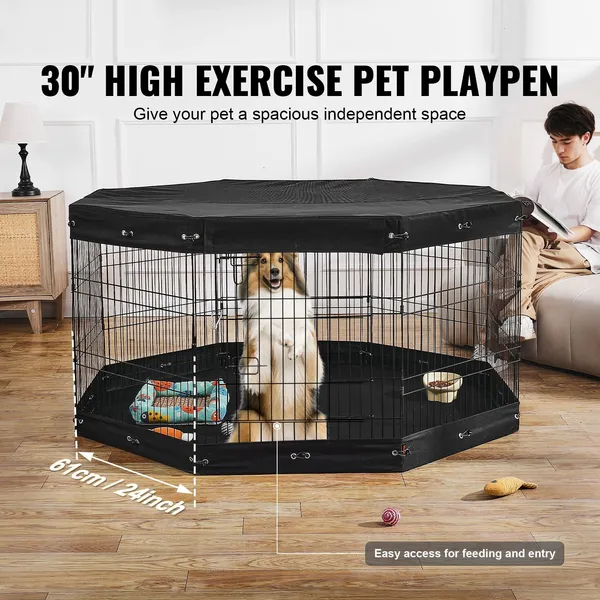 Foldable 8-Panel Dog Playpen, 30"H x 24"W Metal Pet Exercise Fence for Indoor & Outdoor Use, Includes Door, Bottom Pad, Top Cover