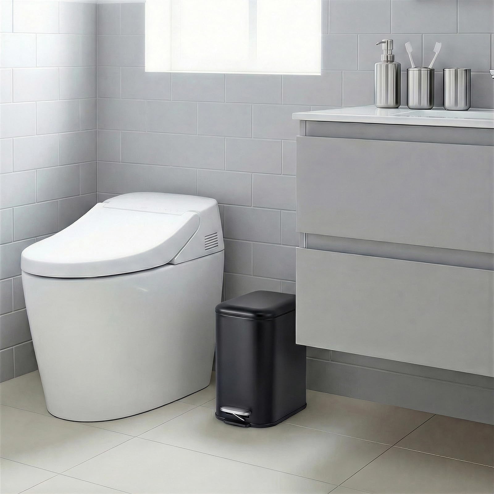 GARVEE 1.3 Gallon Bathroom Stainless Steel Garbage Can, Soft Close Lid, Black