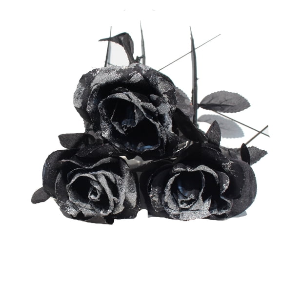 Black Artificial Latex Rose with Silver Powder for Halloween Dark Wedding Home Decor